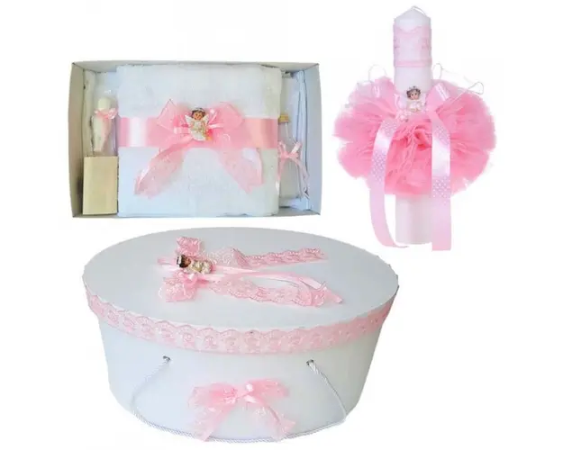 Set trusou botez, cutie trusou si lumanare, Ingeras, dantela roz, Denikos® 474
