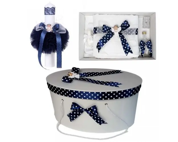 Set trusou botez, cutie trusou si lumanare, Ingeras, fundita bleumarin, Denikos® 13