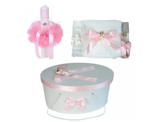 Set trusou botez, cutie trusou si lumanare, Ingeras, fundita roz, Denikos® 14
