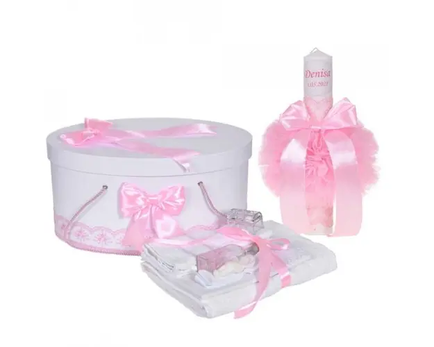 Set trusou botez, cutie trusou si lumanare personalizata cu nume, decor Roz, Denikos® 899