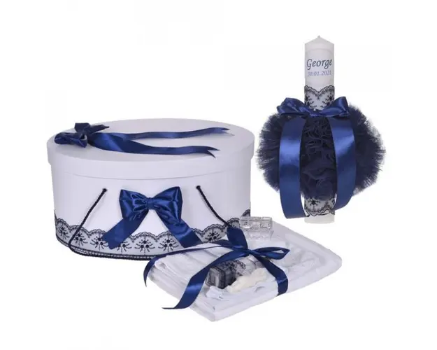 Set trusou botez, cutie trusou si lumanare personalizata cu nume, decor Bleumarin, Denikos® 900