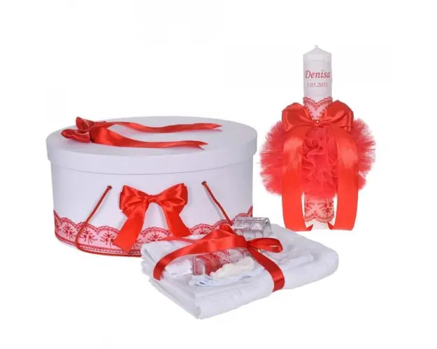 Set trusou botez, cutie trusou si lumanare personalizata cu nume, decor Rosu, Denikos® 901