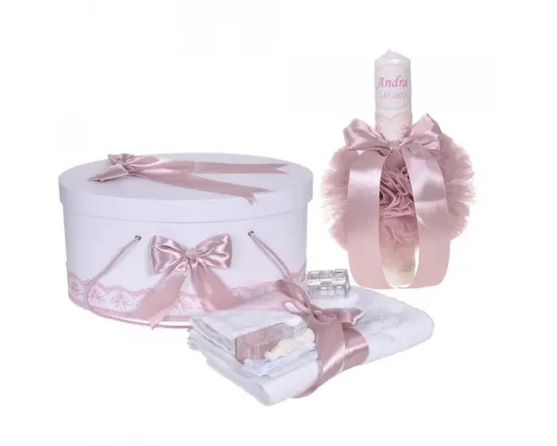 Set trusou botez, cutie trusou si lumanare personalizata cu nume, decor Roz pudra, Denikos® 902