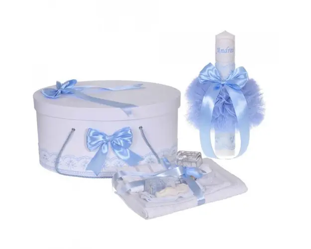 Set trusou botez, cutie trusou si lumanare personalizata cu nume, decor Bleu, Denikos® 904