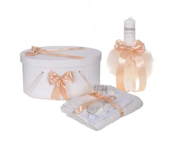 Set trusou botez, cutie trusou si lumanare personalizata cu nume, decor Crem, Denikos® 905