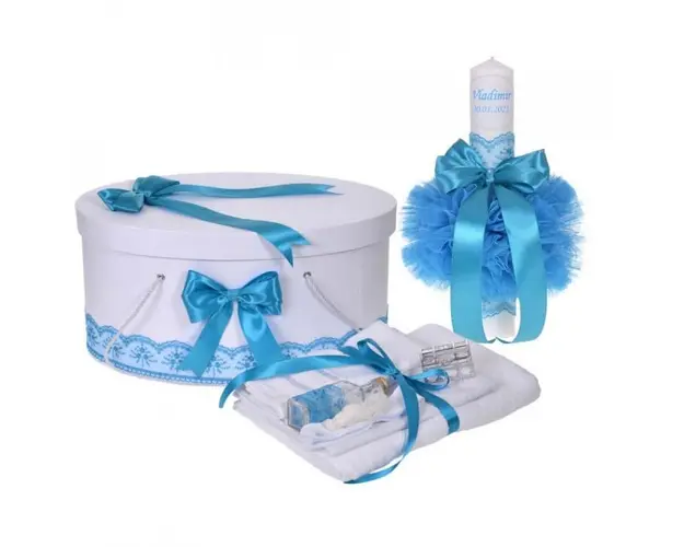 Set trusou botez, cutie trusou si lumanare personalizata cu nume, decor Turcoaz, Denikos® 906