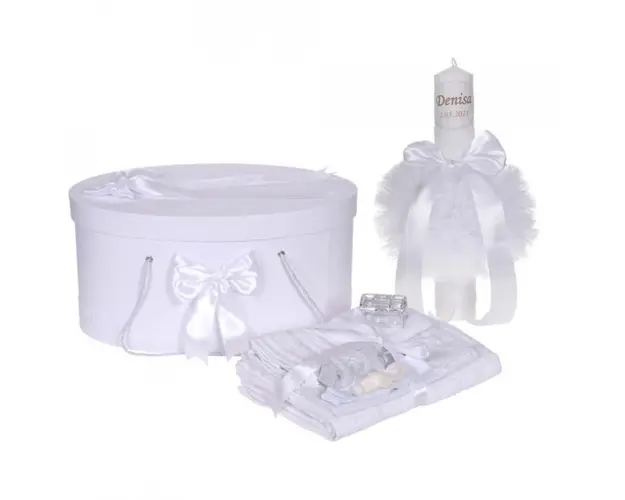 Set trusou botez, cutie trusou si lumanare personalizata cu nume, decor Alb, Denikos® 907