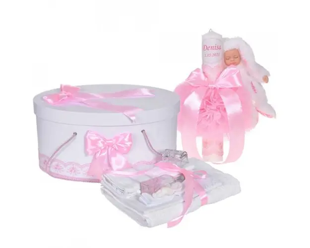 Set trusou botez, cutie trusou si lumanare personalizata cu nume, decor Roz cu iepuras, Denikos® 908