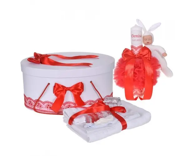 Set trusou botez, cutie trusou si lumanare personalizata cu nume, decor Rosu cu iepuras, Denikos® 910