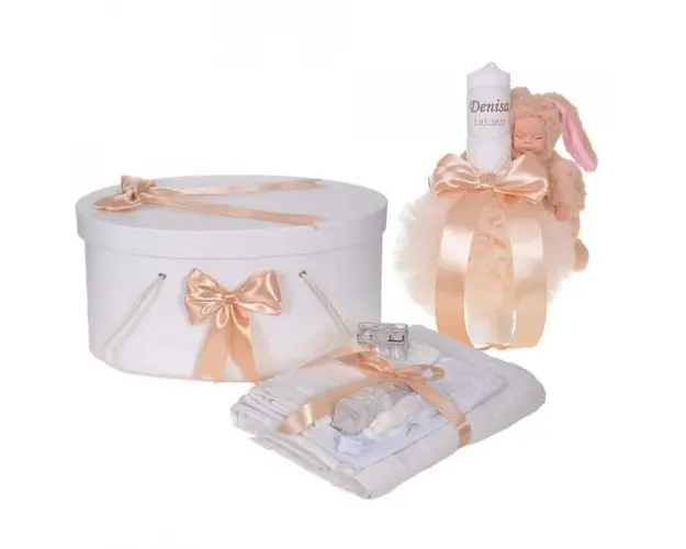 Set trusou botez, cutie trusou si lumanare personalizata cu nume, decor Crem cu iepuras, Denikos® 914