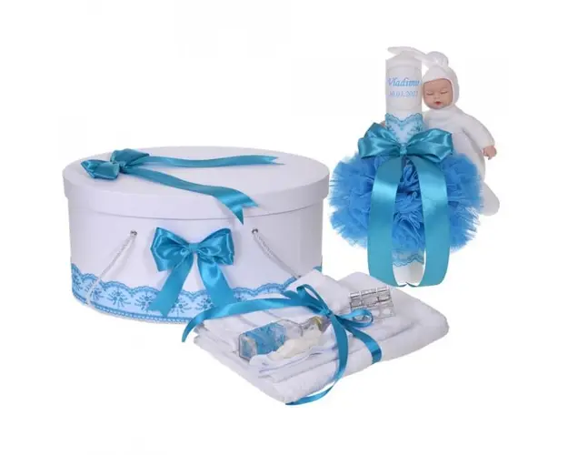 Set trusou botez, cutie trusou si lumanare personalizata cu nume, decor Turcoaz cu iepuras, Denikos® 915