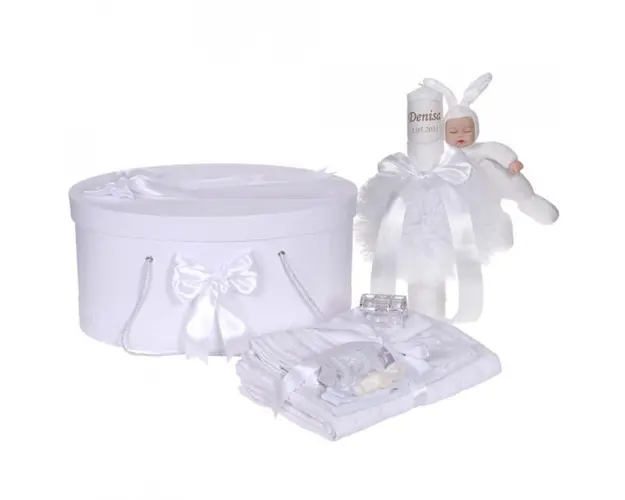 Set trusou botez, cutie trusou si lumanare personalizata cu nume, decor Alb cu iepuras, Denikos® 916