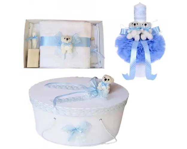Set trusou botez, cutie trusou si lumanare, Ursulet, dantela bleu, Denikos® 468