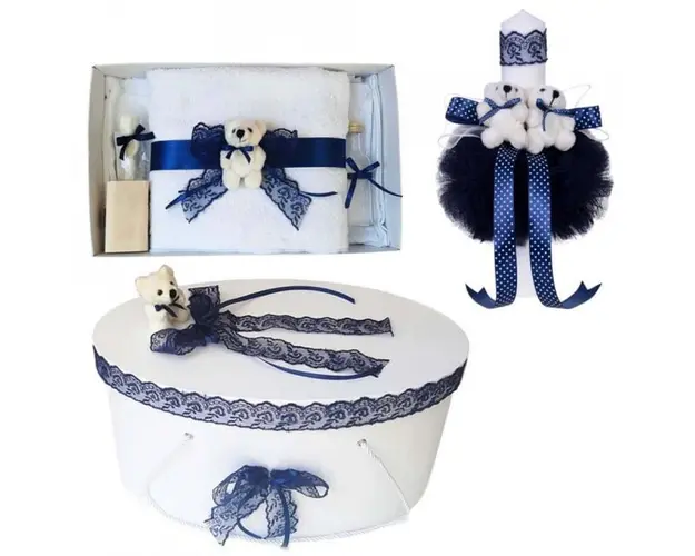 Set trusou botez, cutie trusou si lumanare, Ursulet, dantela bleumarin, Denikos® 469