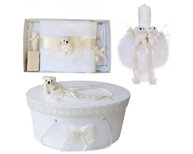 Set trusou botez, cutie trusou si lumanare, Ursulet, dantela ivoire, Denikos® 470