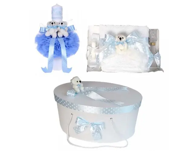 Set trusou botez, cutie trusou si lumanare, Ursulet, fundita bleu, Denikos® 16