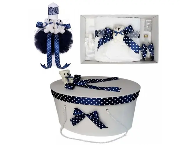 Set trusou botez, cutie trusou si lumanare, Ursulet, fundita bleumarin, Denikos® 17