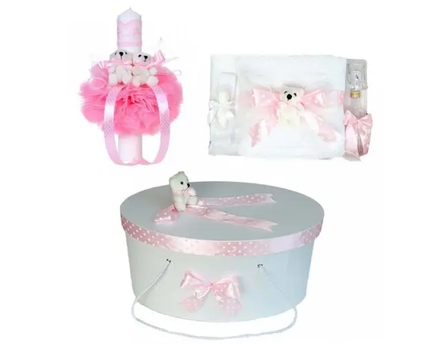 Set trusou botez, cutie trusou si lumanare, Ursulet, fundita roz, Denikos® 15