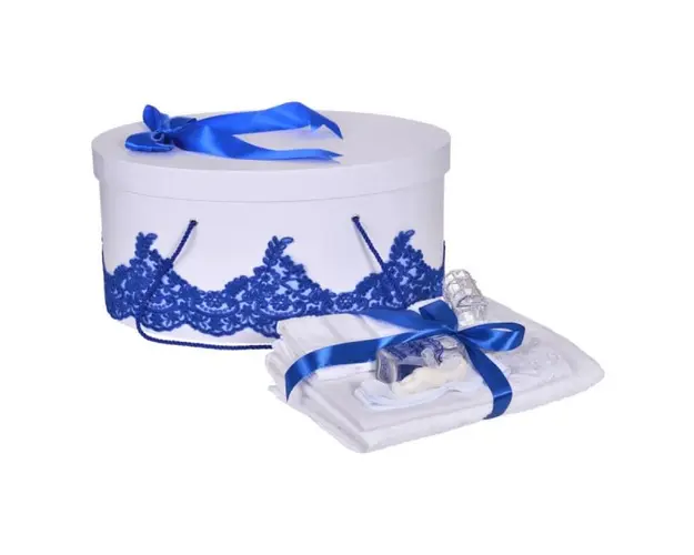 Set trusou botez si cutie trusou, dantela si fundita, decor elegant Albastru, Denikos® 846