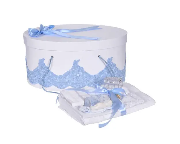 Set trusou botez si cutie trusou, dantela si fundita, decor elegant Bleu, Denikos® 853