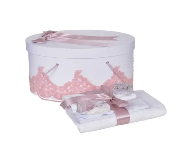 Set trusou botez si cutie trusou, dantela si fundita, decor elegant Roz pudra, Denikos® 851