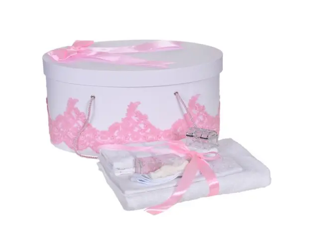 Set trusou botez si cutie trusou, dantela si fundita, decor elegant Roz, Denikos® 852