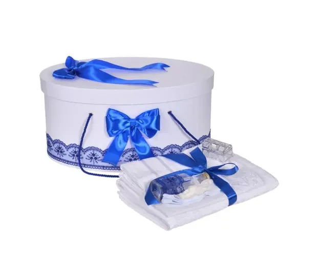 Set trusou botez si cutie trusou, dantela si fundite, decor Albastru, Denikos® 837