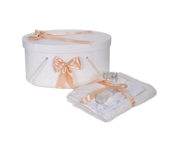 Set trusou botez si cutie trusou, dantela si fundite, decor Ivoire / Crem, Denikos® 840