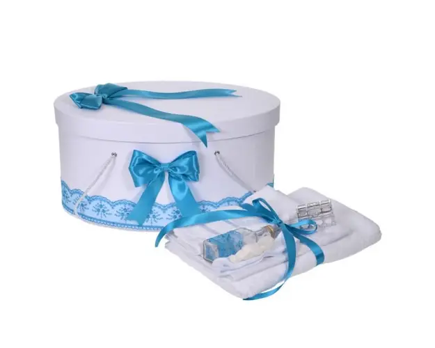 Set trusou botez si cutie trusou, dantela si fundite, decor Turcoaz, Denikos® 836