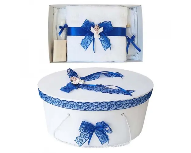 Set trusou botez si cutie trusou, Ingeras, dantela albastra, Denikos® 445