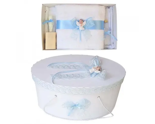 Set trusou botez si cutie trusou, Ingeras, dantela bleu, Denikos® 446