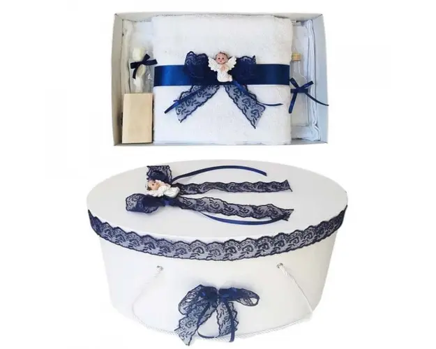 Set trusou botez si cutie trusou, Ingeras, dantela bleumarin, Denikos® 447