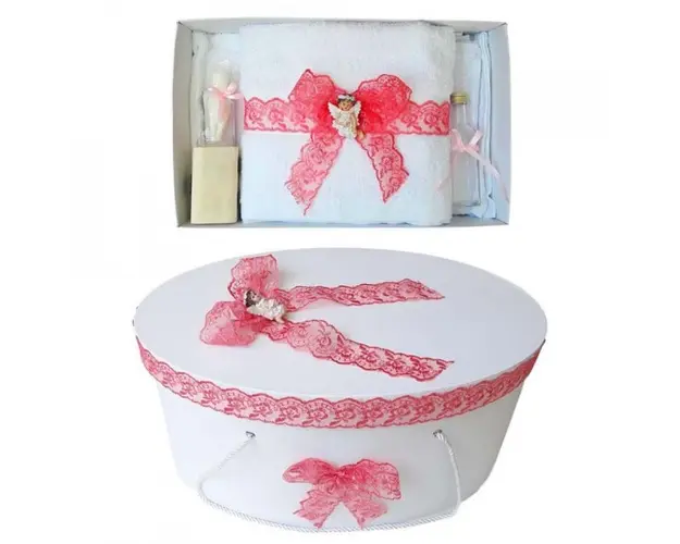 Set trusou botez si cutie trusou, Ingeras, dantela corai, Denikos® 448