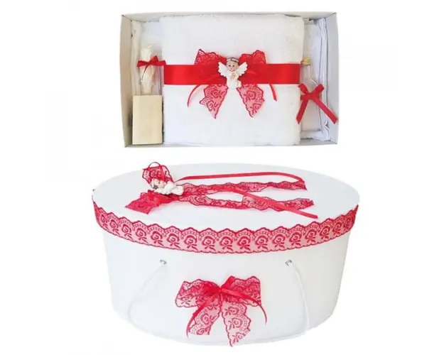 Set trusou botez si cutie trusou, Ingeras, dantela rosie, Denikos® 452