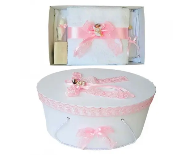 Set trusou botez si cutie trusou, Ingeras, dantela roz, Denikos® 454