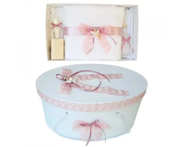Set trusou botez si cutie trusou, Ingeras, dantela roz prafuit, Denikos® 453
