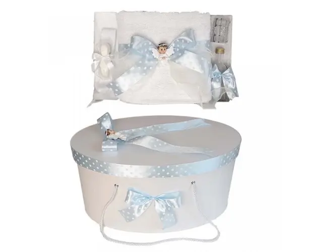 Set trusou botez si cutie trusou, Ingeras, fundita bleu cu buline, Denikos® 19
