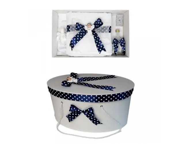 Set trusou botez si cutie trusou, Ingeras, fundita bleumarin cu buline, Denikos® 18