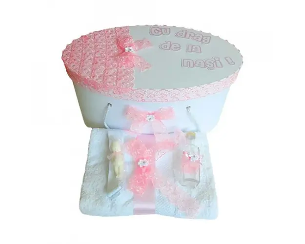 Set trusou botez si cutie trusou personalizata, decor dantela, Denikos® 218