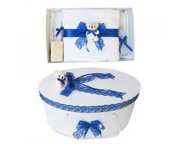 Set trusou botez si cutie trusou, Ursulet, dantela albastra, Denikos® 456