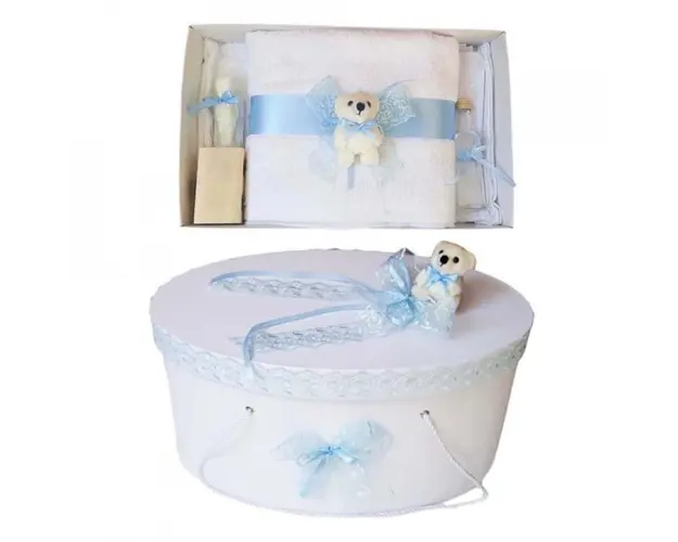 Set trusou botez si cutie trusou, Ursulet, dantela bleu, Denikos® 457