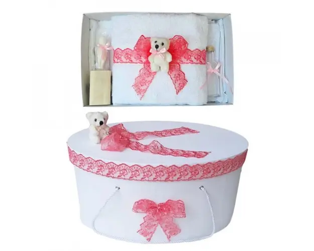 Set trusou botez si cutie trusou, Ursulet, dantela corai, Denikos® 461