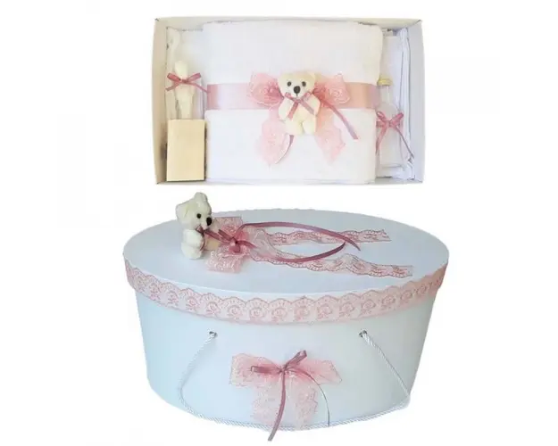 Set trusou botez si cutie trusou, Ursulet, dantela dusty rose, Denikos® 465