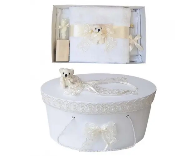Set trusou botez si cutie trusou, Ursulet, dantela ivory, Denikos® 460