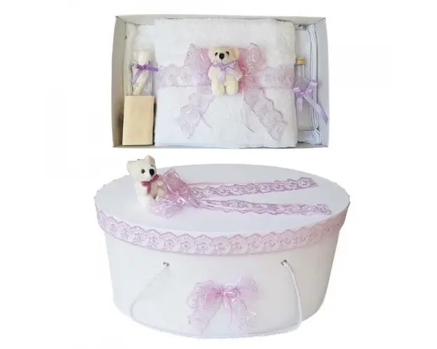 Set trusou botez si cutie trusou, Ursulet, dantela lila, Denikos® 462