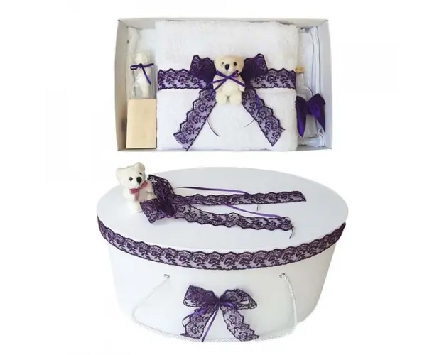 Set trusou botez si cutie trusou, Ursulet, dantela mov, Denikos® 463