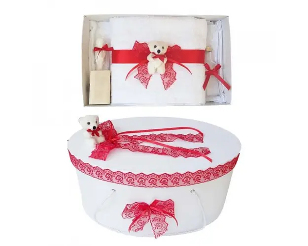 Set trusou botez si cutie trusou, Ursulet, dantela rosie, Denikos® 464