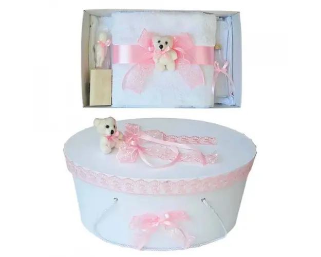 Set trusou botez si cutie trusou, Ursulet, dantela roz, Denikos® 466