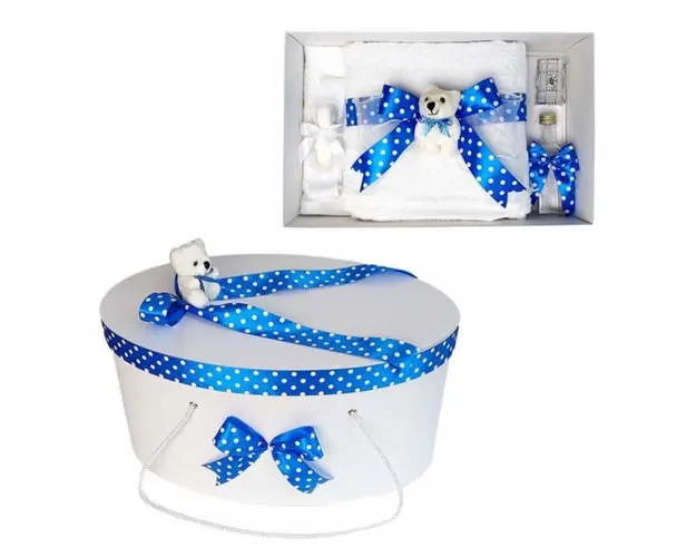 Set trusou botez si cutie trusou, Ursulet, fundita albastra cu buline, Denikos® 23