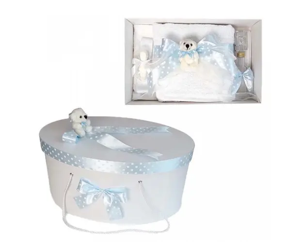 Set trusou botez si cutie trusou, Ursulet, fundita bleu cu buline, Denikos® 24